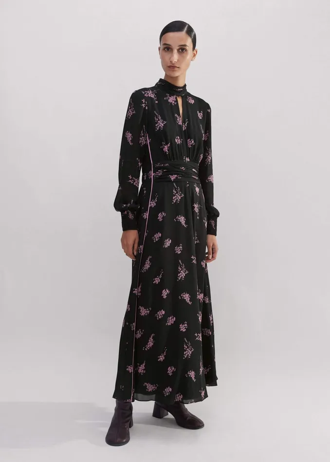 Women Silk Scattered Floral Print Maxi Dress Blackfresh Lavender Pink MEEM