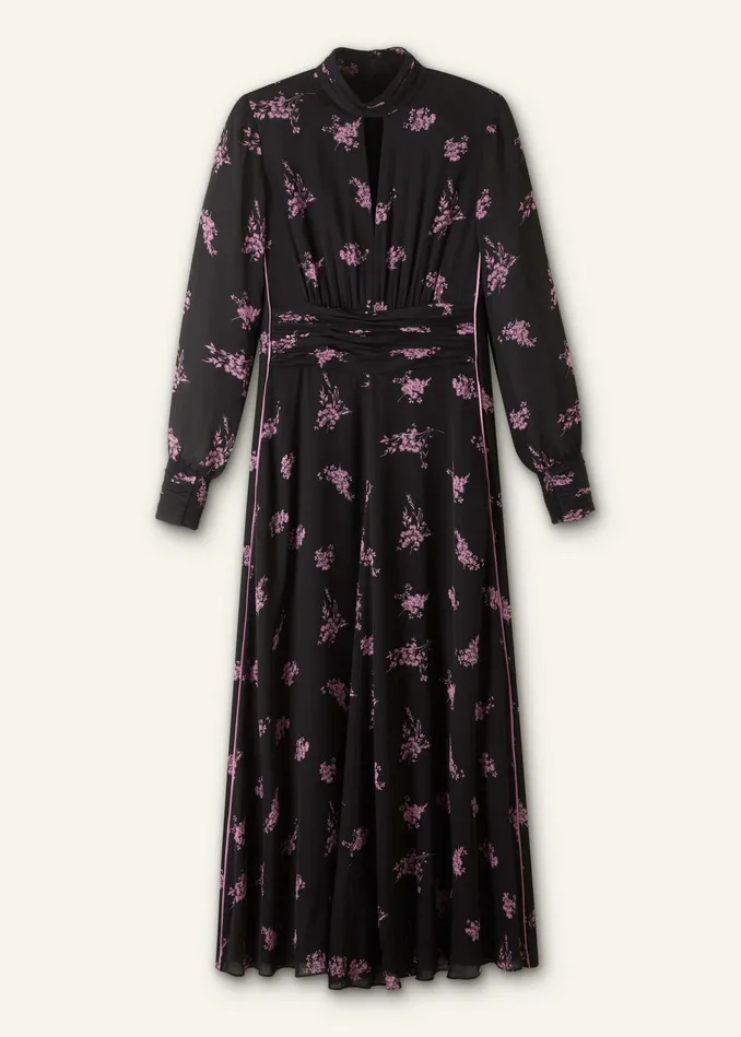 Women Silk Scattered Floral Print Maxi Dress Blackfresh Lavender Pink MEEM