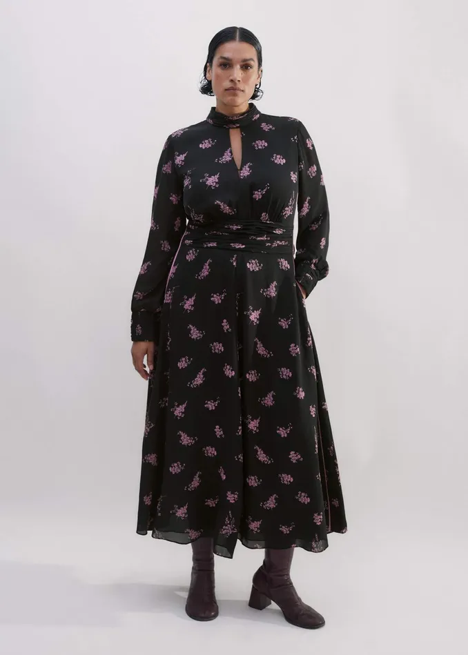 Women Silk Scattered Floral Print Maxi Dress Blackfresh Lavender Pink MEEM