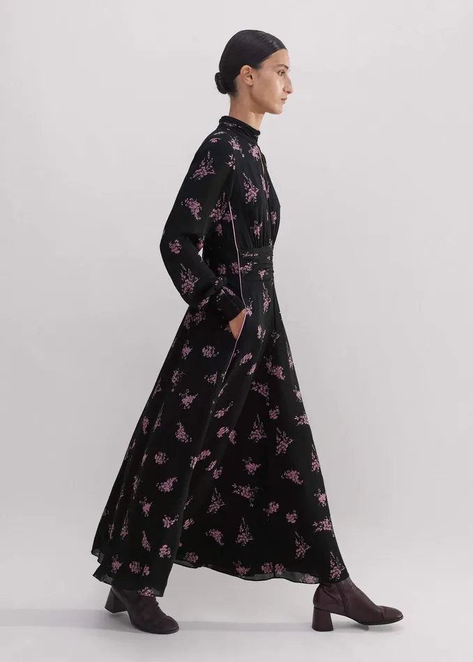 Women Silk Scattered Floral Print Maxi Dress Blackfresh Lavender Pink MEEM