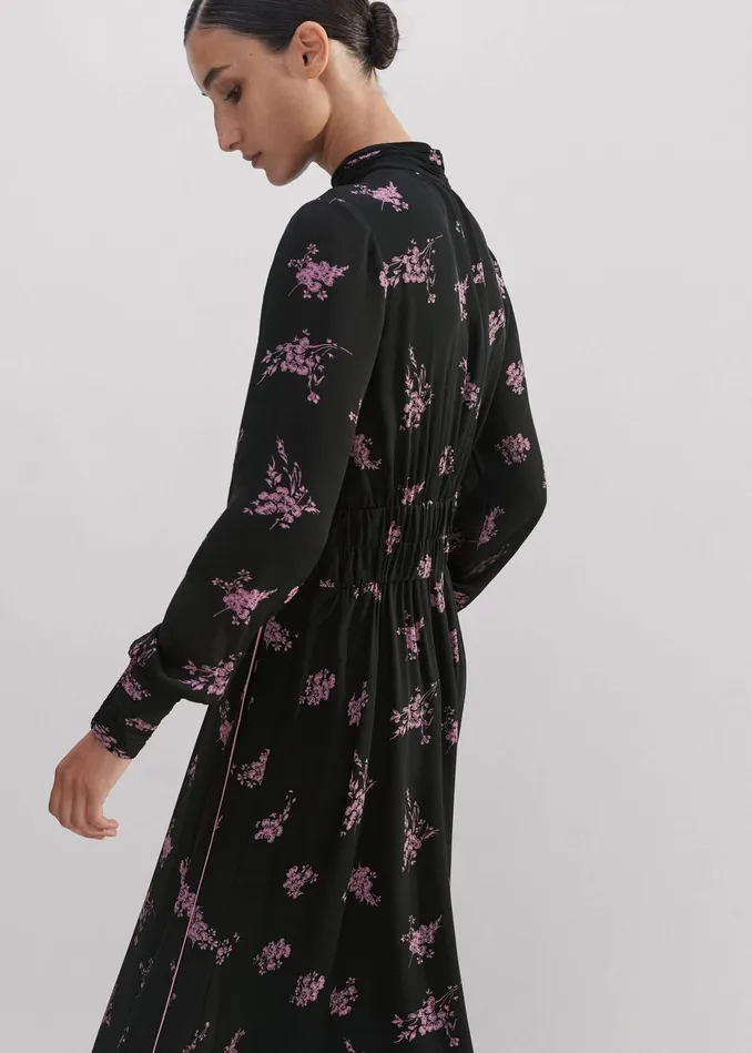 Women Silk Scattered Floral Print Maxi Dress Blackfresh Lavender Pink MEEM