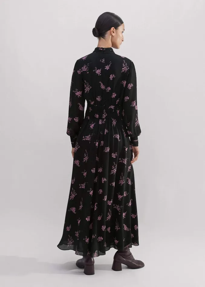 Women Silk Scattered Floral Print Maxi Dress Blackfresh Lavender Pink MEEM