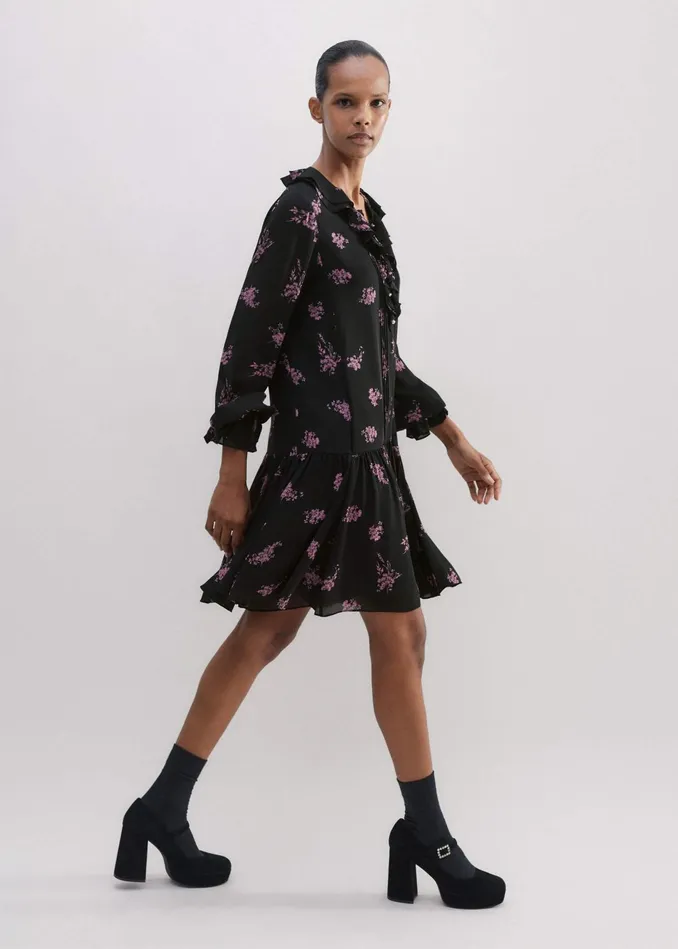 Women Silk Scattered Floral Print Short Dress Blackfresh Lavender Pink MEEM