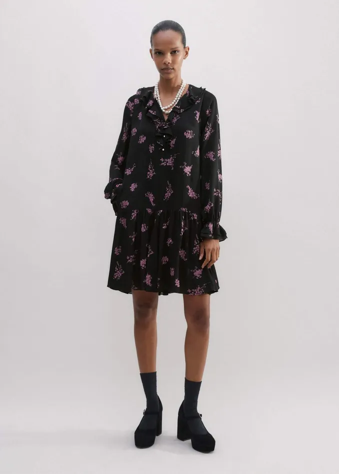 Women Silk Scattered Floral Print Short Dress Blackfresh Lavender Pink MEEM