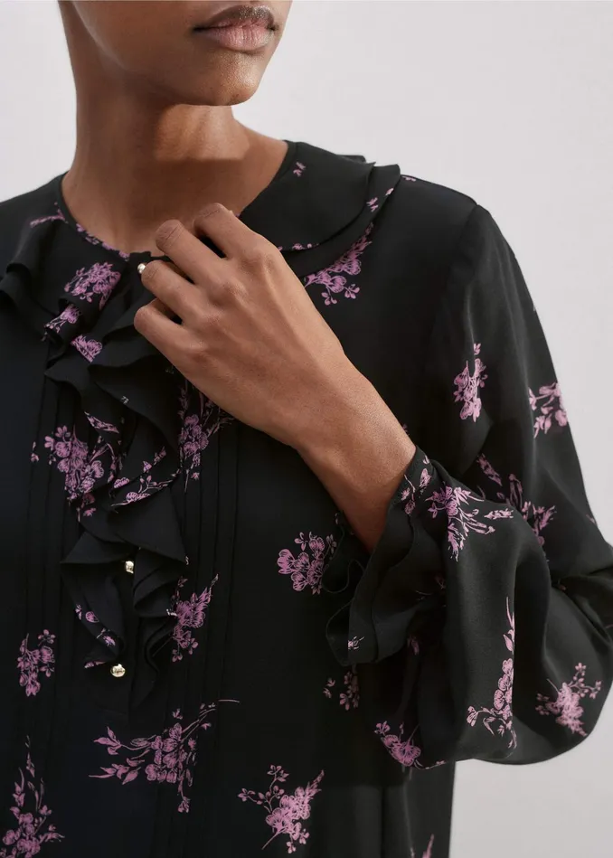 Women Silk Scattered Floral Print Short Dress Blackfresh Lavender Pink MEEM