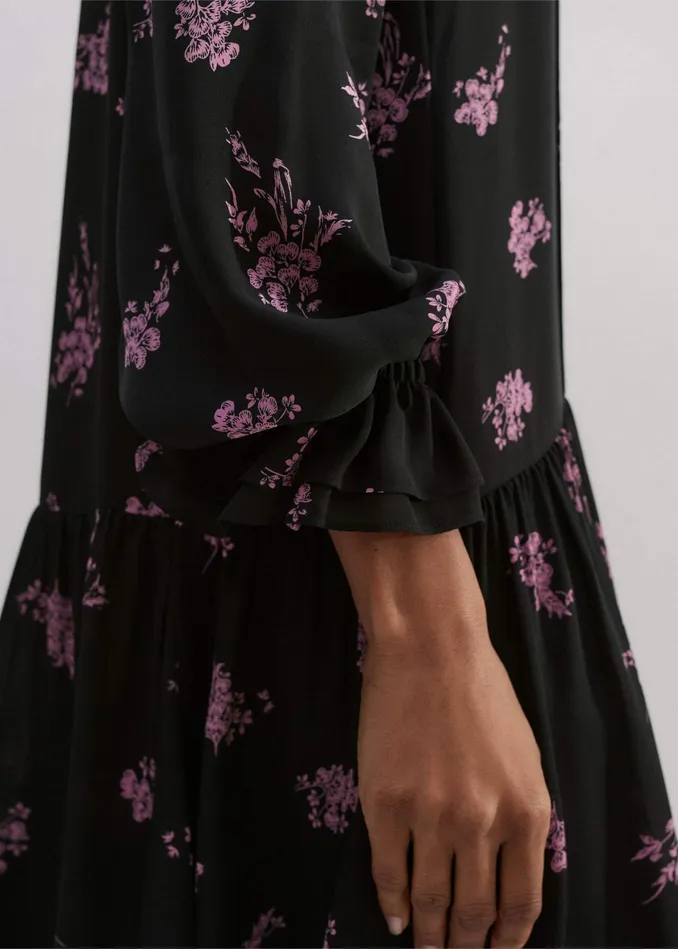 Women Silk Scattered Floral Print Short Dress Blackfresh Lavender Pink MEEM