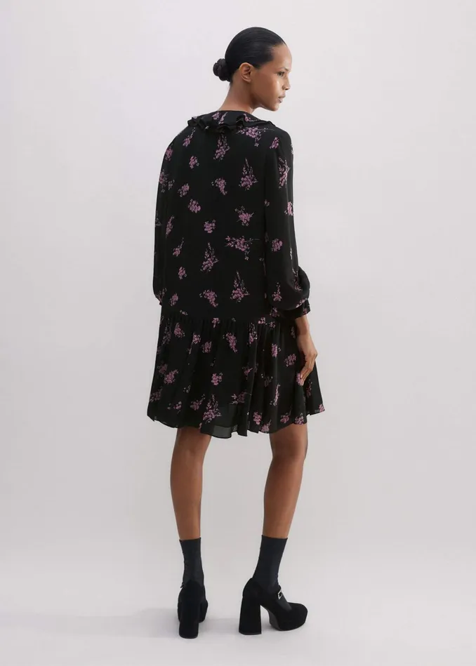 Women Silk Scattered Floral Print Short Dress Blackfresh Lavender Pink MEEM