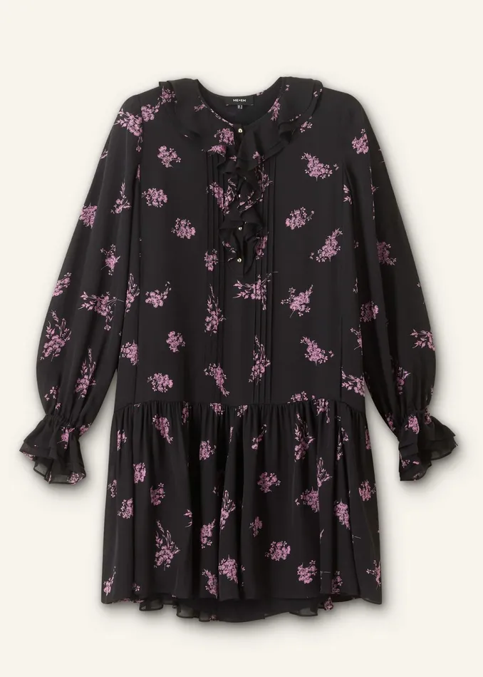 Women Silk Scattered Floral Print Short Dress Blackfresh Lavender Pink MEEM