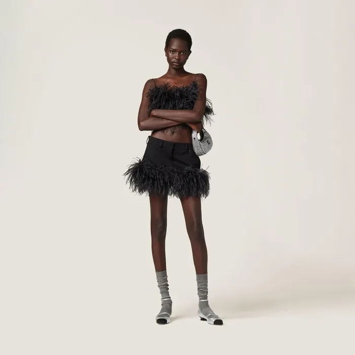 Women Skirts Miu Miu Feathertrimmed Grain De Poudre Miniskirt Black Women Skirts Miu Miu Feathertrimmed Grain De Poudre Miniskirt Black