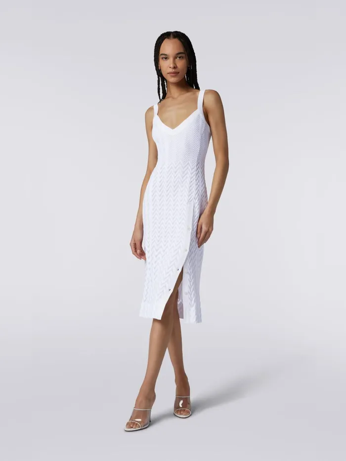 Women Sleeveless Cotton And Viscose Longuette Dress With Side Button Placket White Missoni Dresses