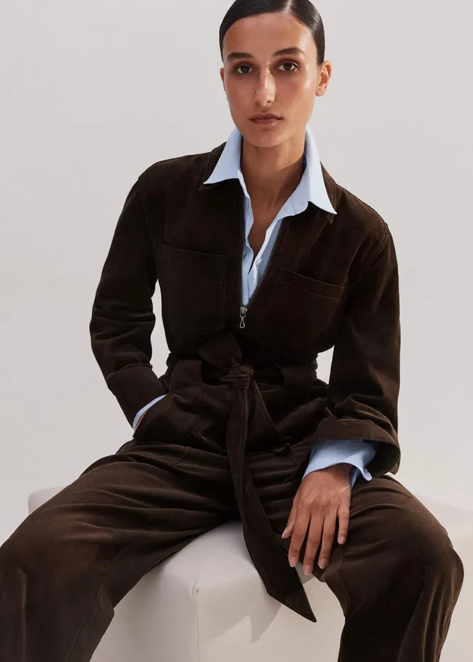 Women Soft Cord Jumpsuit Belt Warm Chocolate MEEM