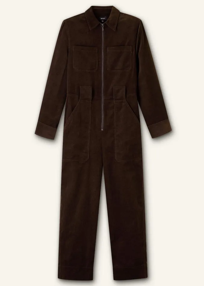 Women Soft Cord Jumpsuit Belt Warm Chocolate MEEM