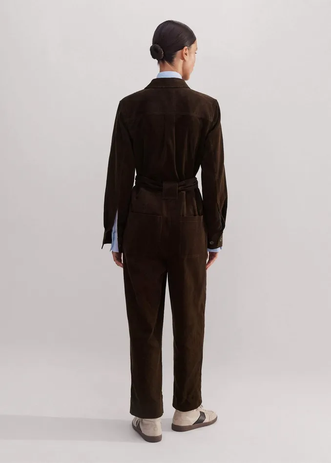 Women Soft Cord Jumpsuit Belt Warm Chocolate MEEM