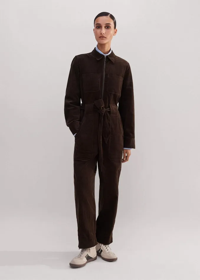 Women Soft Cord Jumpsuit Belt Warm Chocolate MEEM