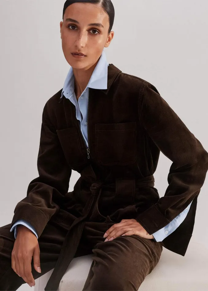 Women Soft Cord Jumpsuit Belt Warm Chocolate MEEM