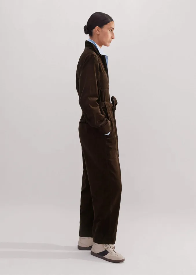 Women Soft Cord Jumpsuit Belt Warm Chocolate MEEM