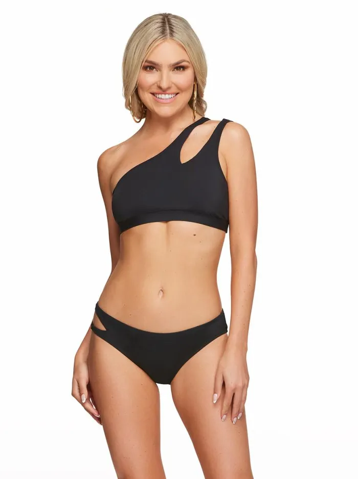 Women Solid One Shoulder Top With Slash In Black Jessica Simpson Swim