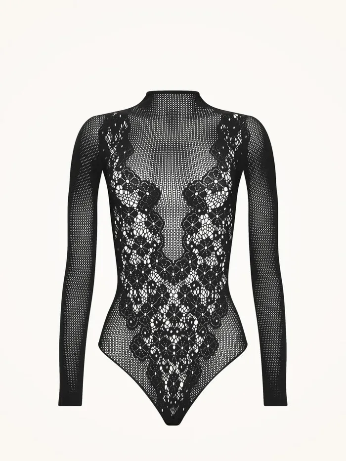 Women String Bodies Wolford Flower Lace String Body Black