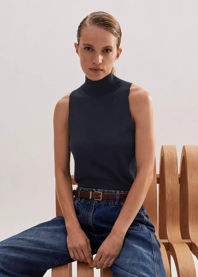 Women Superfine Merino Halter Funnel Neck Top Navy MEEM