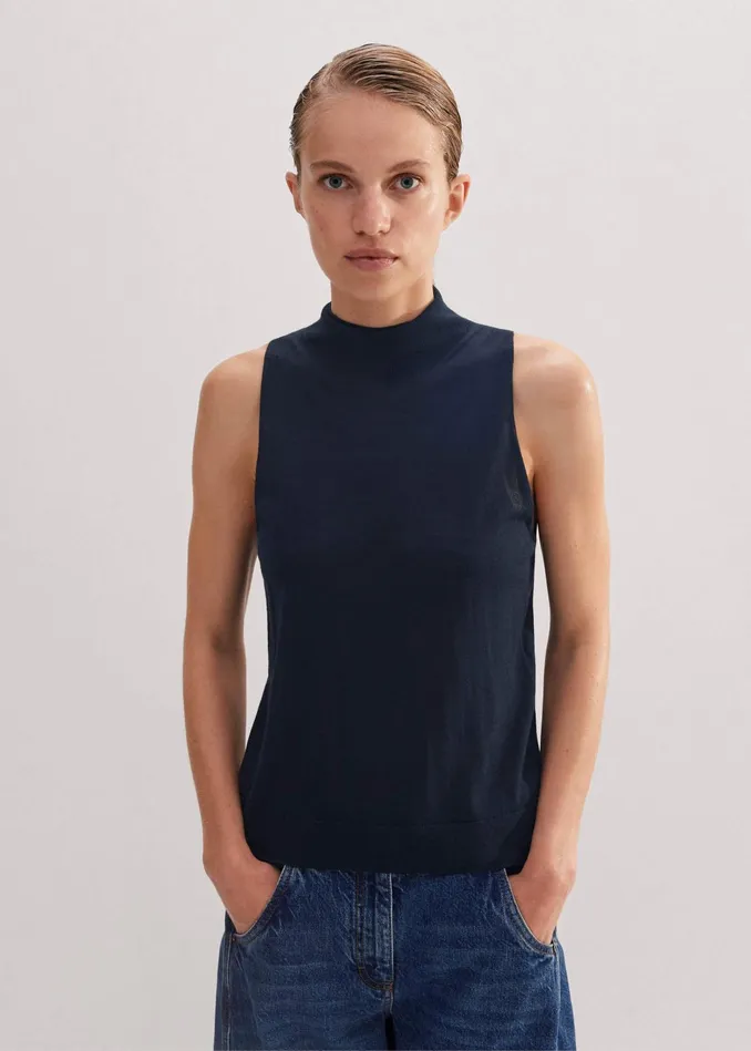 Women Superfine Merino Halter Funnel Neck Top Navy MEEM