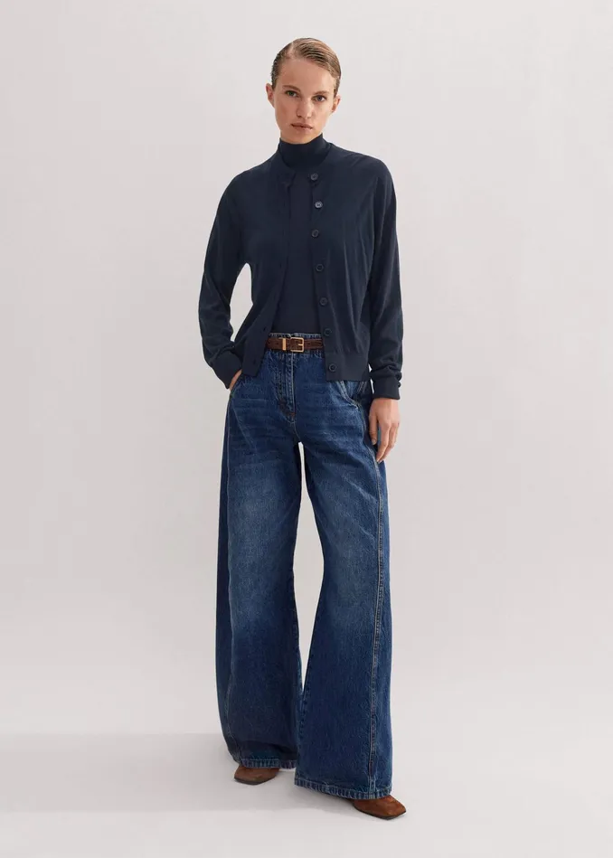 Women Superfine Merino Halter Funnel Neck Top Navy MEEM