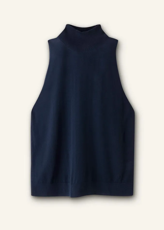 Women Superfine Merino Halter Funnel Neck Top Navy MEEM