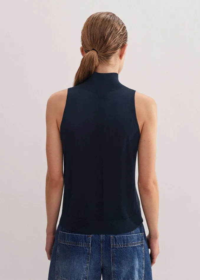 Women Superfine Merino Halter Funnel Neck Top Navy MEEM