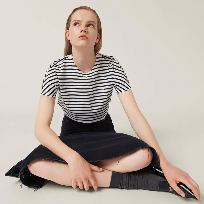 Women TShirts And Sweatshirts Miu Miu Cotton Tshirt With Printed Logo Whiteblack Women TShirts And Sweatshirts Miu Miu Cotton Tshirt With Printed Logo Whiteblack
