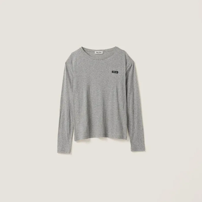 Women TShirts And Sweatshirts Miu Miu Longsleeved Ribbed Jersey Tshirt Grey