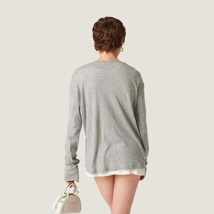 Women TShirts And Sweatshirts Miu Miu Longsleeved Ribbed Jersey Tshirt Grey Women TShirts And Sweatshirts Miu Miu Longsleeved Ribbed Jersey Tshirt Grey