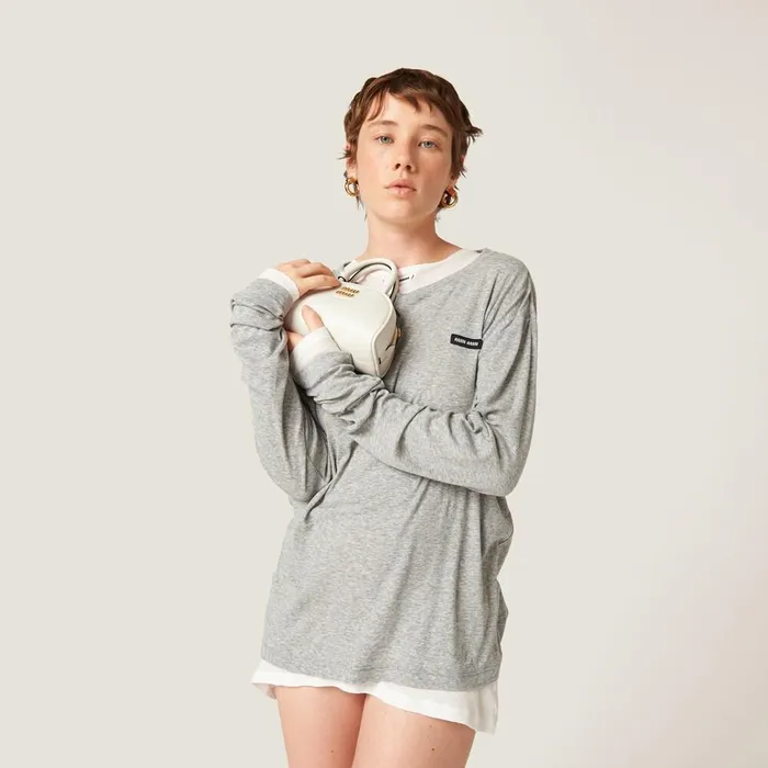 Women TShirts And Sweatshirts Miu Miu Longsleeved Ribbed Jersey Tshirt Grey Women TShirts And Sweatshirts Miu Miu Longsleeved Ribbed Jersey Tshirt Grey