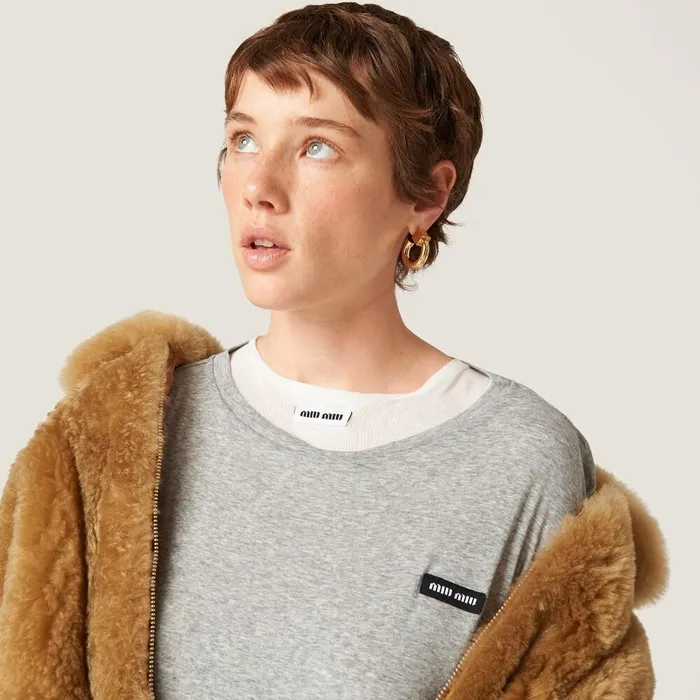 Women TShirts And Sweatshirts Miu Miu Longsleeved Ribbed Jersey Tshirt Grey Women TShirts And Sweatshirts Miu Miu Longsleeved Ribbed Jersey Tshirt Grey