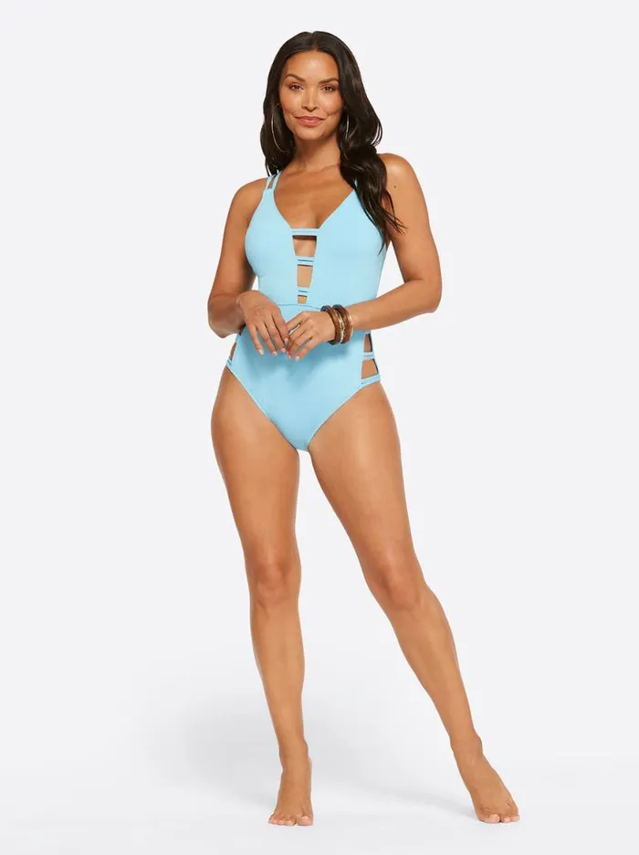 Women Textured Solids Plunge One Piece In Sky Jessica Simpson Swim