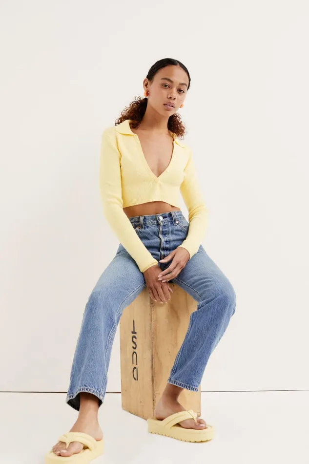 Women Tops For Love and Lemons Mona Cropped Polo Sweater Yellow Women Tops For Love and Lemons Mona Cropped Polo Sweater Yellow