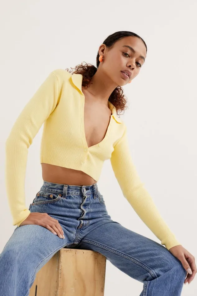 Women Tops For Love and Lemons Mona Cropped Polo Sweater Yellow Women Tops For Love and Lemons Mona Cropped Polo Sweater Yellow
