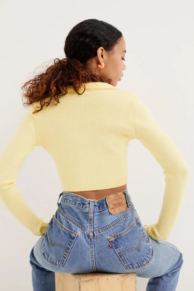 Women Tops For Love and Lemons Mona Cropped Polo Sweater Yellow Women Tops For Love and Lemons Mona Cropped Polo Sweater Yellow