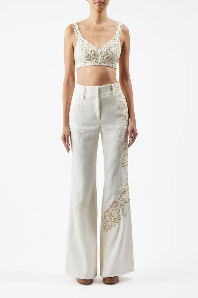 Women Tops Gabriela Hearst Eve Embroidered Bra In Ivory Textured Linen
