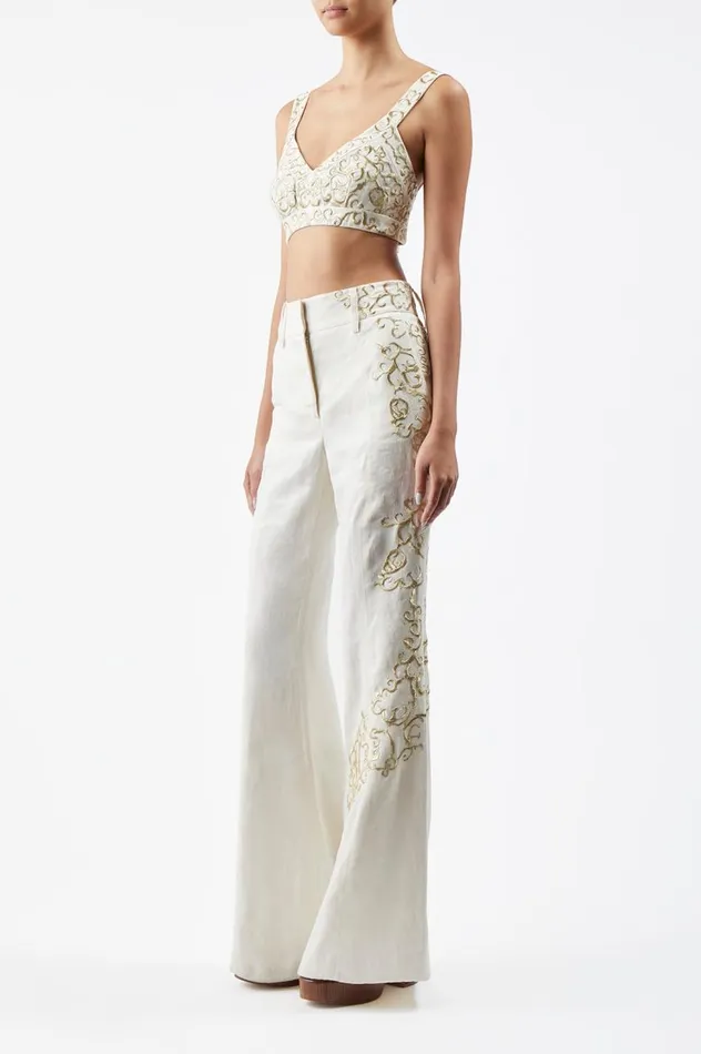 Women Tops Gabriela Hearst Eve Embroidered Bra In Ivory Textured Linen