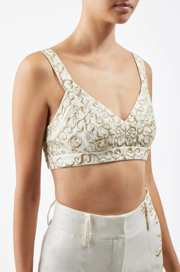 Women Tops Gabriela Hearst Eve Embroidered Bra In Ivory Textured Linen