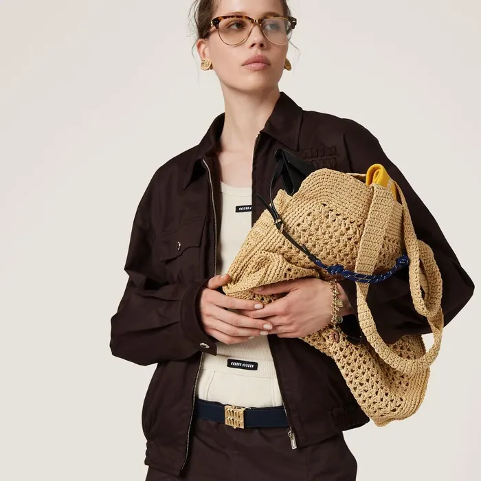 Women Totes Miu Miu Woven Fabric Tote Bag Beigecognac Women Totes Miu Miu Woven Fabric Tote Bag Beigecognac