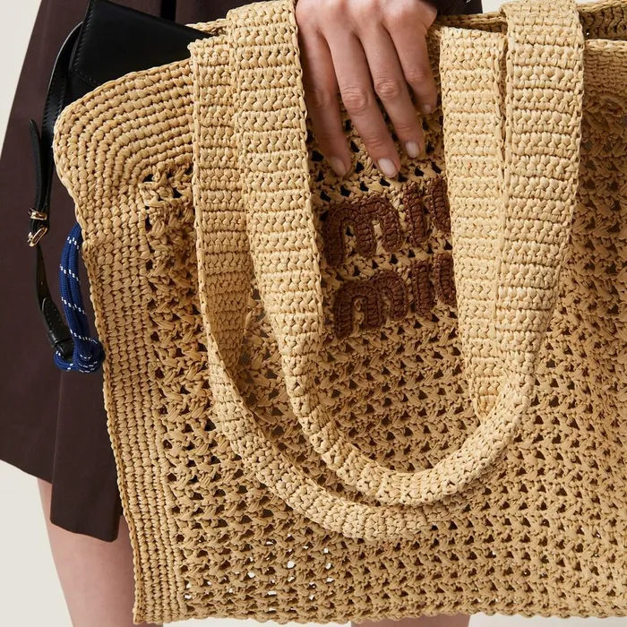 Women Totes Miu Miu Woven Fabric Tote Bag Beigecognac Women Totes Miu Miu Woven Fabric Tote Bag Beigecognac