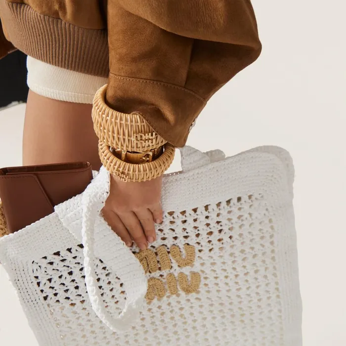 Women Totes Miu Miu Woven Fabric Tote Bag Whitebeige Women Totes Miu Miu Woven Fabric Tote Bag Whitebeige