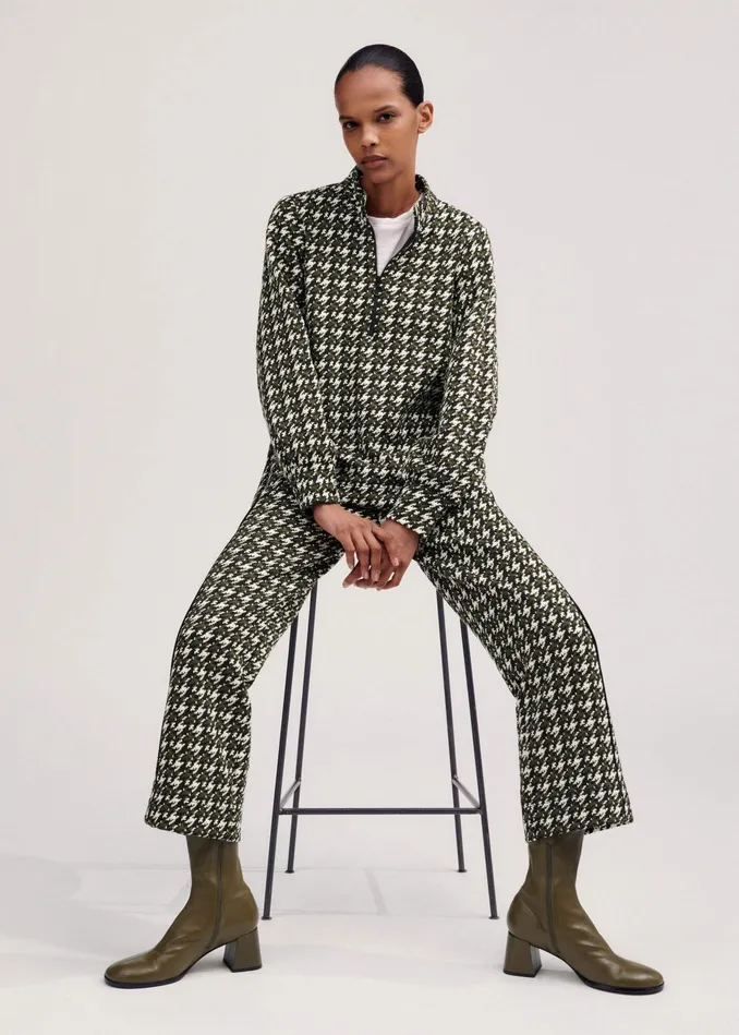 Women Travel Tailoring Houndstooth Swing Top Blackdeep Autumn Olivecream MEEM