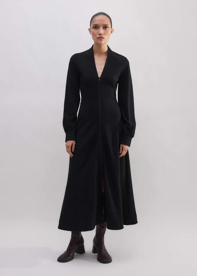 Women Travel Tailoring Zip Front Midi Ponte Dress Black MEEM