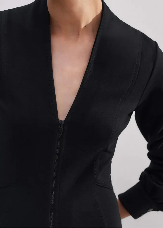 Women Travel Tailoring Zip Front Midi Ponte Dress Black MEEM