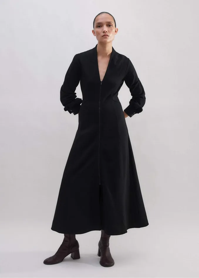 Women Travel Tailoring Zip Front Midi Ponte Dress Black MEEM