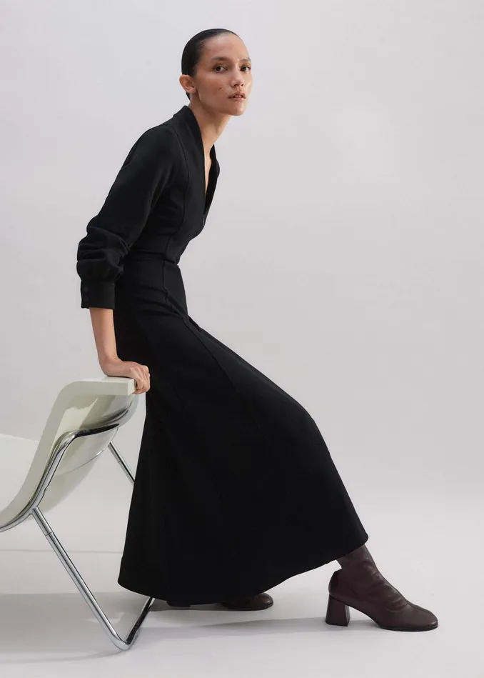 Women Travel Tailoring Zip Front Midi Ponte Dress Black MEEM