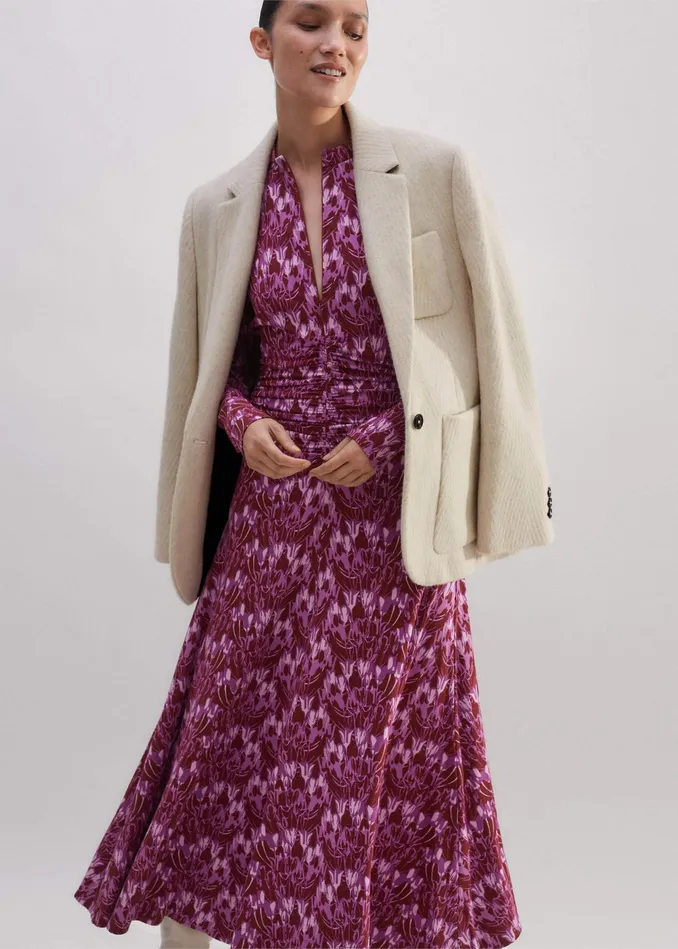 Women Tulip Print Ruched Front Maxi Dress Intense Reddark Purplemulti MEEM