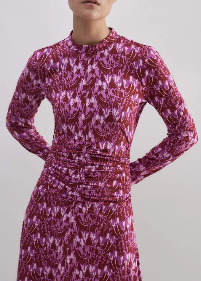 Women Tulip Print Ruched Front Maxi Dress Intense Reddark Purplemulti MEEM
