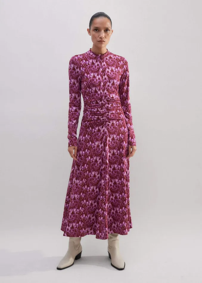 Women Tulip Print Ruched Front Maxi Dress Intense Reddark Purplemulti MEEM